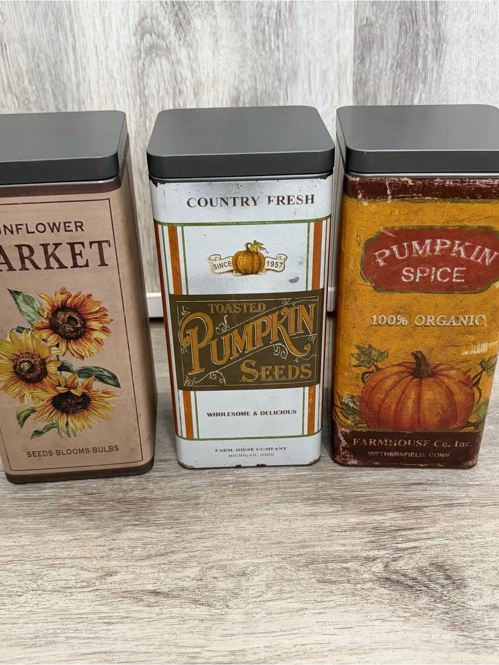 Set Of 3 Fall Canister Tin Pumpkin Sunflower Country Farmhouse Decor  8”